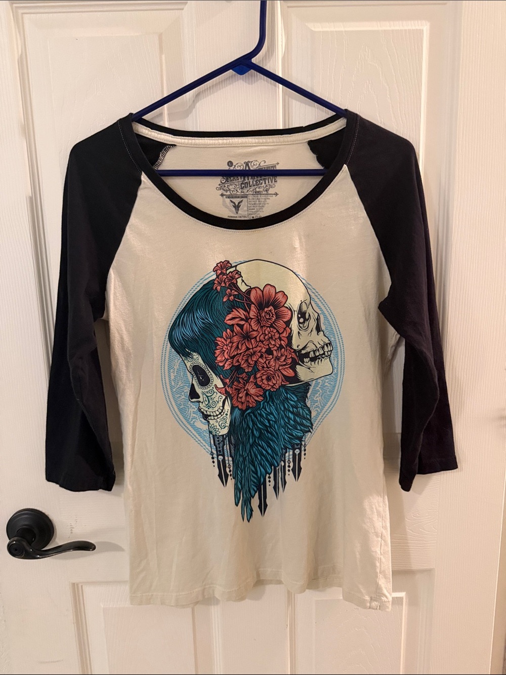 Skull & Floral Raglan Tee - Black and Cream